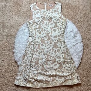 New York & Company | Eva Mendes Lace Overlay Dress White/Tan | Size 12